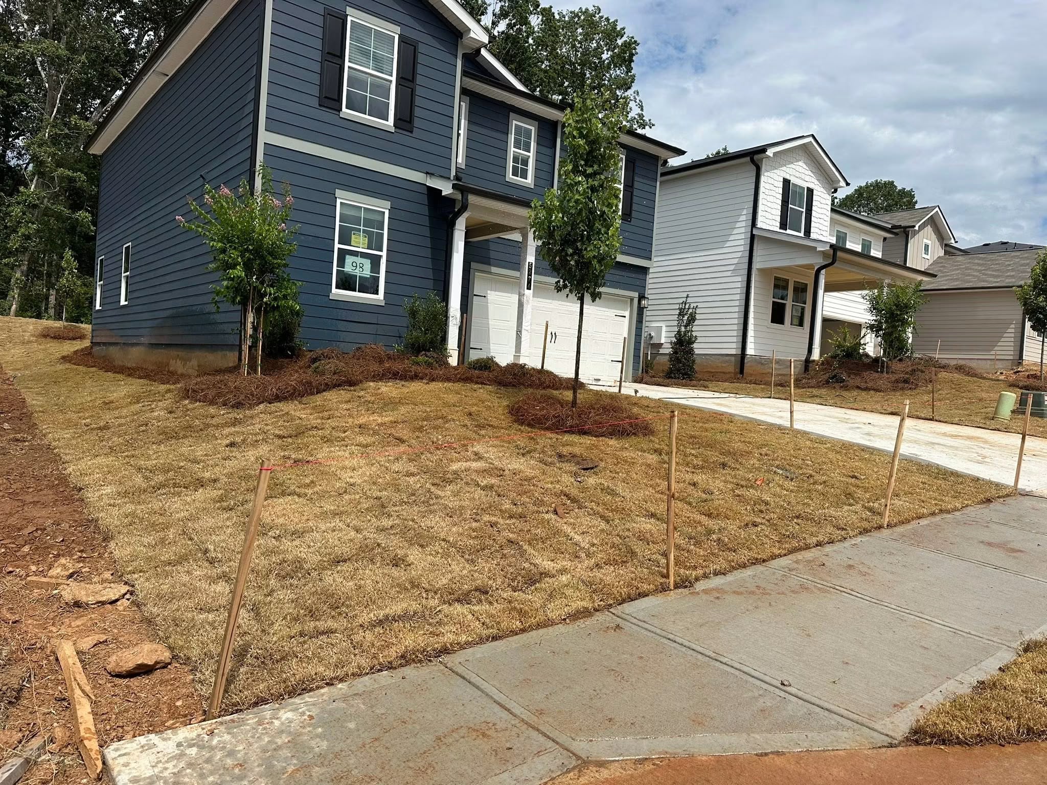 After: perfectly graded lawn with fresh sod, staked trees, and pine straw mulch beds